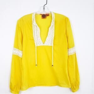 Tory Burch Bailey Top Yellow Crochet Shirt Size 4 Embellished Blouse, Detail Tie